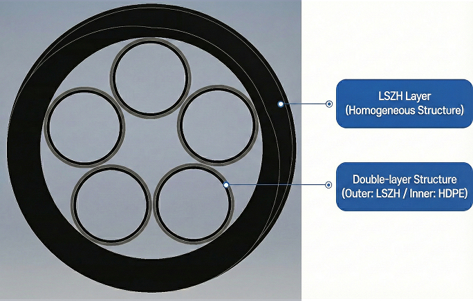 LSZH layer / Homogeneous structure | Double-layer structure (Outer layer: LSZH / Inner layer: HDPE)