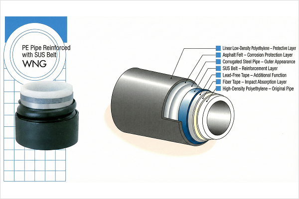 WNG - PE Pipe Reinforced with SUS Belt: Linear Low-Density Polyethylene, Asphalt Felt, Corrugated Steel Plate, SUS Belt, Flame-Retardant Tape, Fiber Tape, High-Density Polyethylene Carrier Pipe